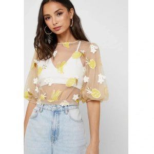 Topshop Top 2 Fruit Floral Sheer Banana Pineapple Lemon Floral Sequin Embroidery